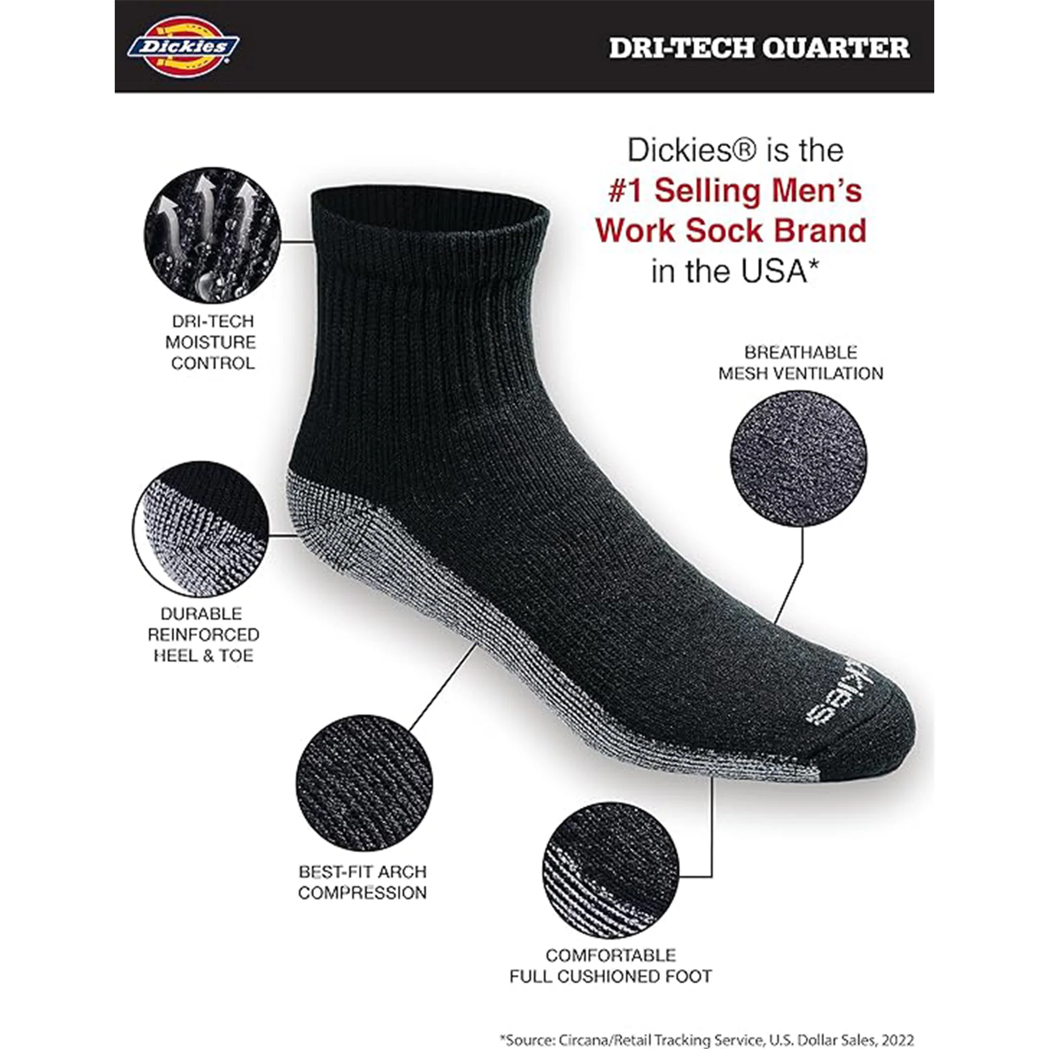 Dickies Men's 6 Packs Dri-tech Moisture Control Quarter Socks, Sizes 12-15 - Image 3