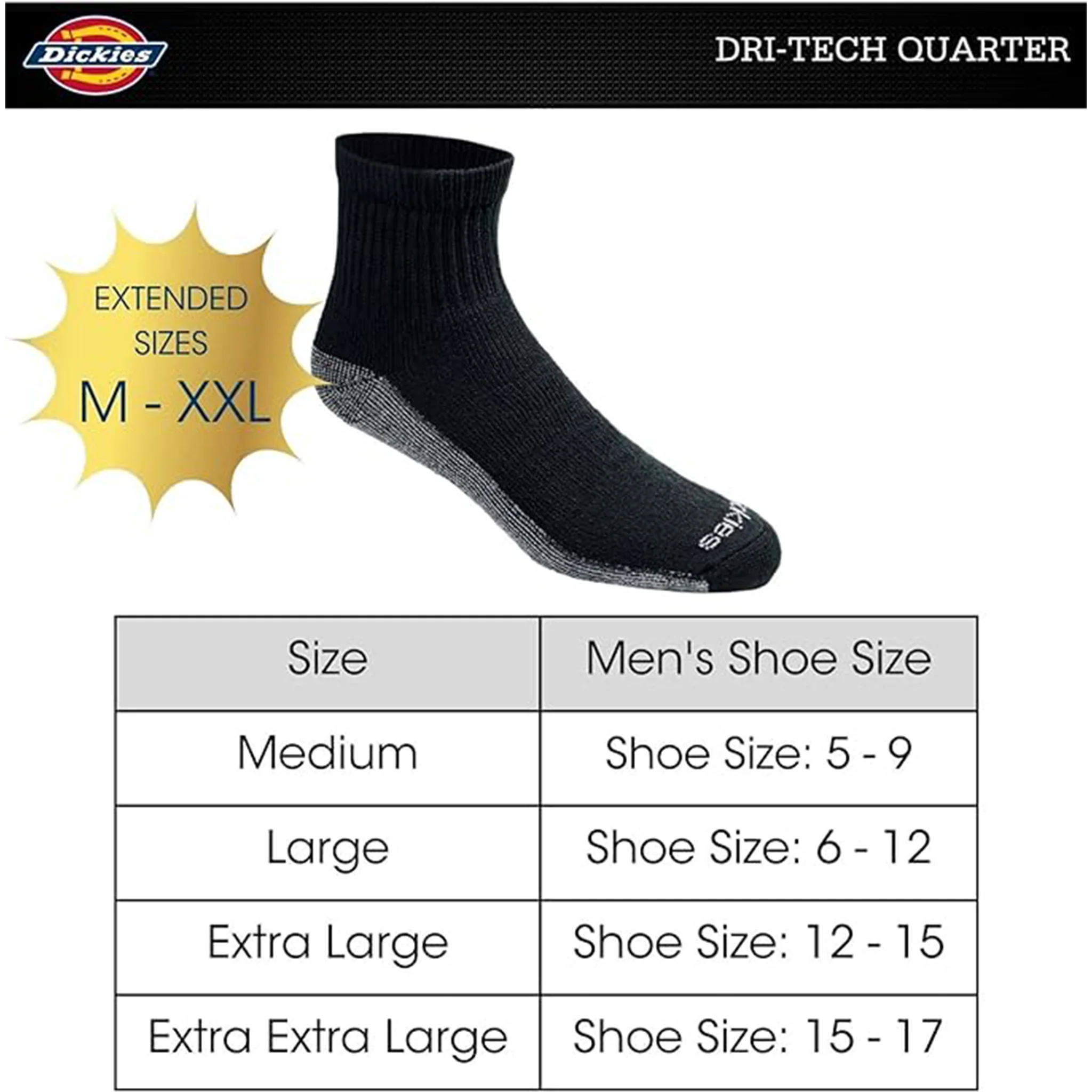 Dickies Men's 6 Packs Dri-tech Moisture Control Quarter Socks, Sizes 12-15 - Image 4